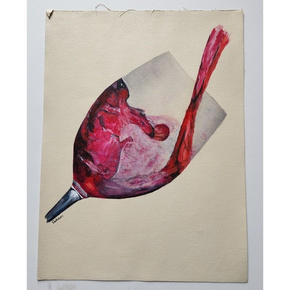 Red Wine Glass Pour Acrylic Canvas Original Painting 9x12 Handmade - Picture 2 of 5